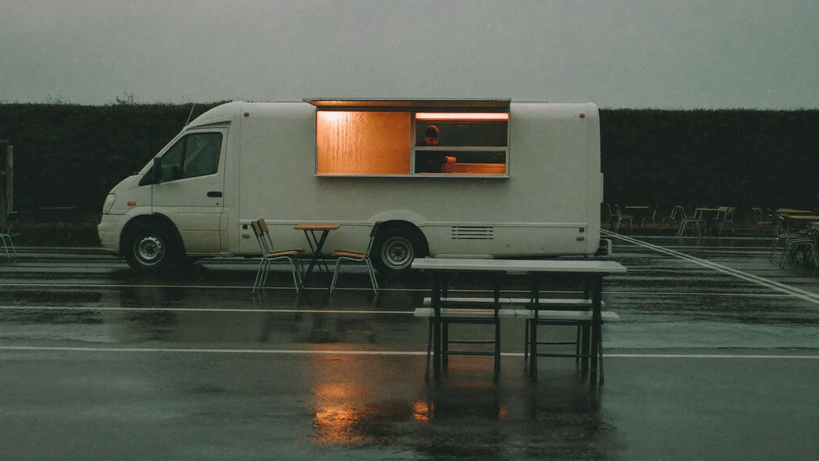 A food truck at an empty event in the rain, its window lit, folding tables with nobody at them.