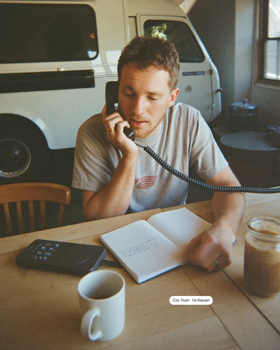 A food truck owner at a kitchen table on the phone, a notebook and a coffee in front of him.