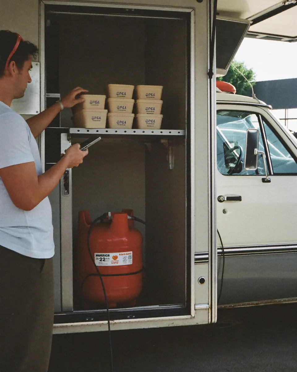An operator inside a parked food truck checking stacked containers against a list on a phone, a propane tank by the door.