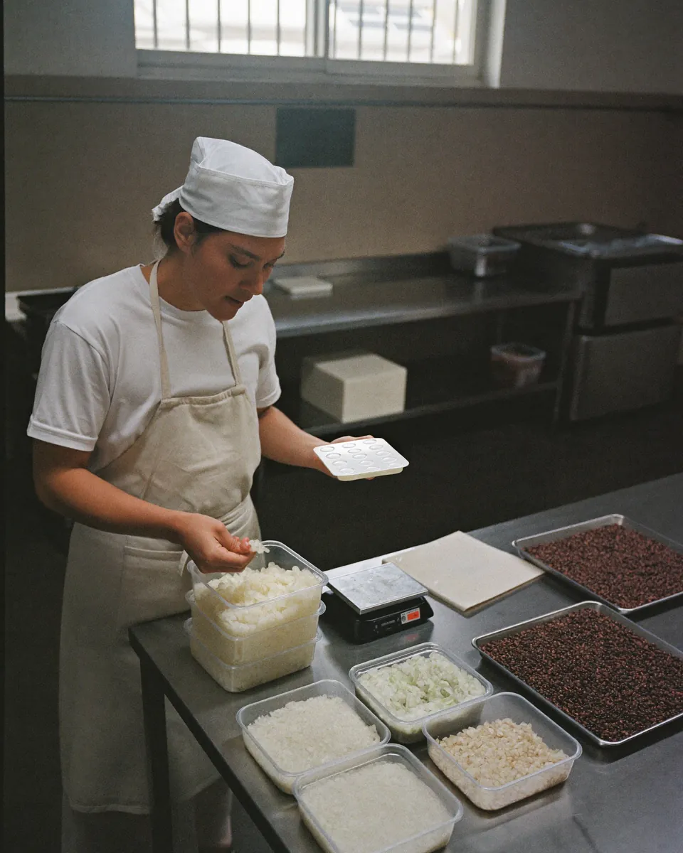 A cook in a commissary kitchen portioning diced onions into stacked deli containers.